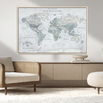 94249974-MGV-CV-36X24-Ours Explore World Map Wall Art – Modern Travel Canvas Print, Neutral Adventure Decor for Living Room, Office, Study, Bedroom,