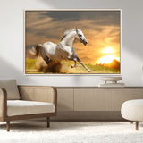 44295212-MGV-CV-36X24-Horse Wall Art – Running White Stallion Canvas Print with Sunset Background, Western Wildlife Decor for Living Room, Office, or
