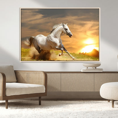 44295212-MGV-CV-36X24-Horse Wall Art – Running White Stallion Canvas Print with Sunset Background, Western Wildlife Decor for Living Room, Office, or