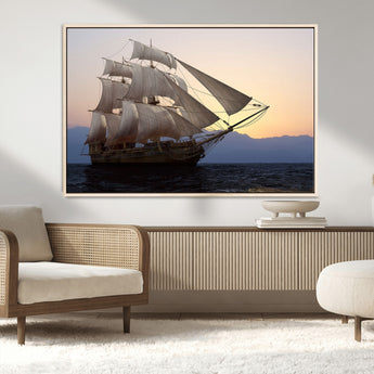 31270610-MGV-CV-36X24-Sailing Ship Wall Art – Sunset Seascape Canvas Print with Tall Ship at Sea, Nautical Ocean Decor for Living Room, Office, or