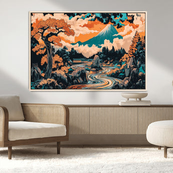 21638941-MGV-CV-36X24-Japanese Landscape Wall Art – Mount Fuji and Flowing River Ukiyo-e Style Canvas Print, Traditional Japan Inspired Artwork for