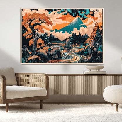 21638941-MGV-CV-36X24-Japanese Landscape Wall Art – Mount Fuji and Flowing River Ukiyo-e Style Canvas Print, Traditional Japan Inspired Artwork for