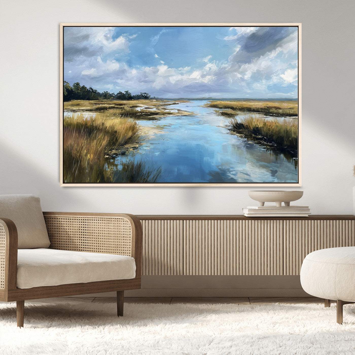 87082041-MGV-CV-36X24-Painted Marshland Canvas Wall Art – Serene Water Reflection, Blue Sky, Golden Grass Landscape, Calm Nature Decor for Home, Office,