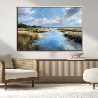 87082041-MGV-CV-36X24-Painted Marshland Canvas Wall Art – Serene Water Reflection, Blue Sky, Golden Grass Landscape, Calm Nature Decor for Home, Office,