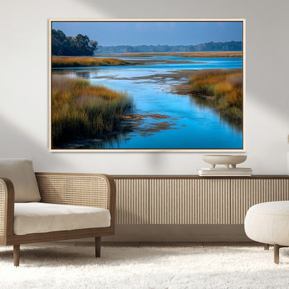 26300004-MGV-CV-36X24-Marshland Landscape Wall Art – Scenic Nature Canvas Print with Golden Grass and Blue Water, Peaceful River Photography for Living