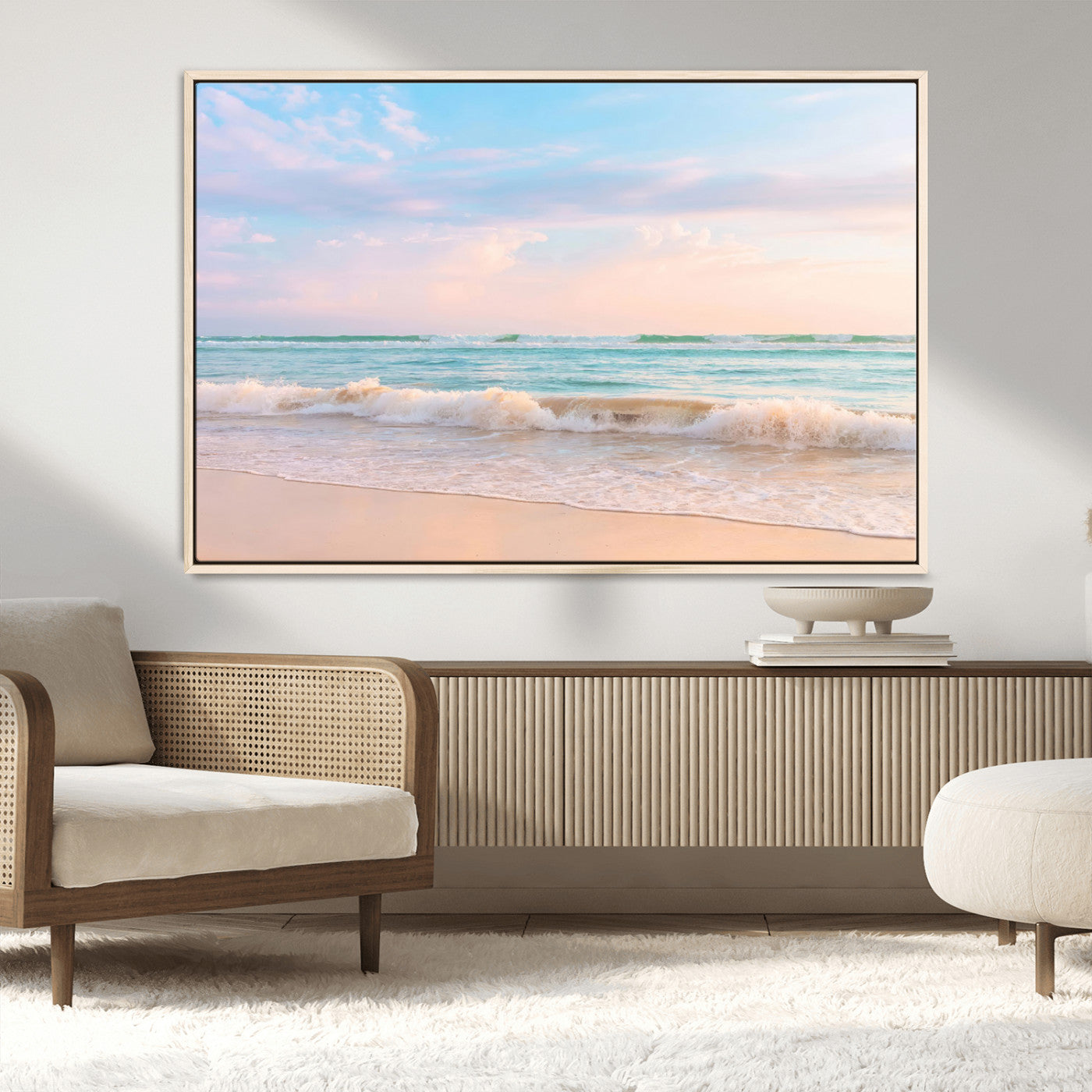 88024944-MGV-CV-36X24-Beach Landscape Wall Art – Coastal Ocean Canvas Print with Gentle Waves and Pastel Sky, Serene Seascape Photography for Living
