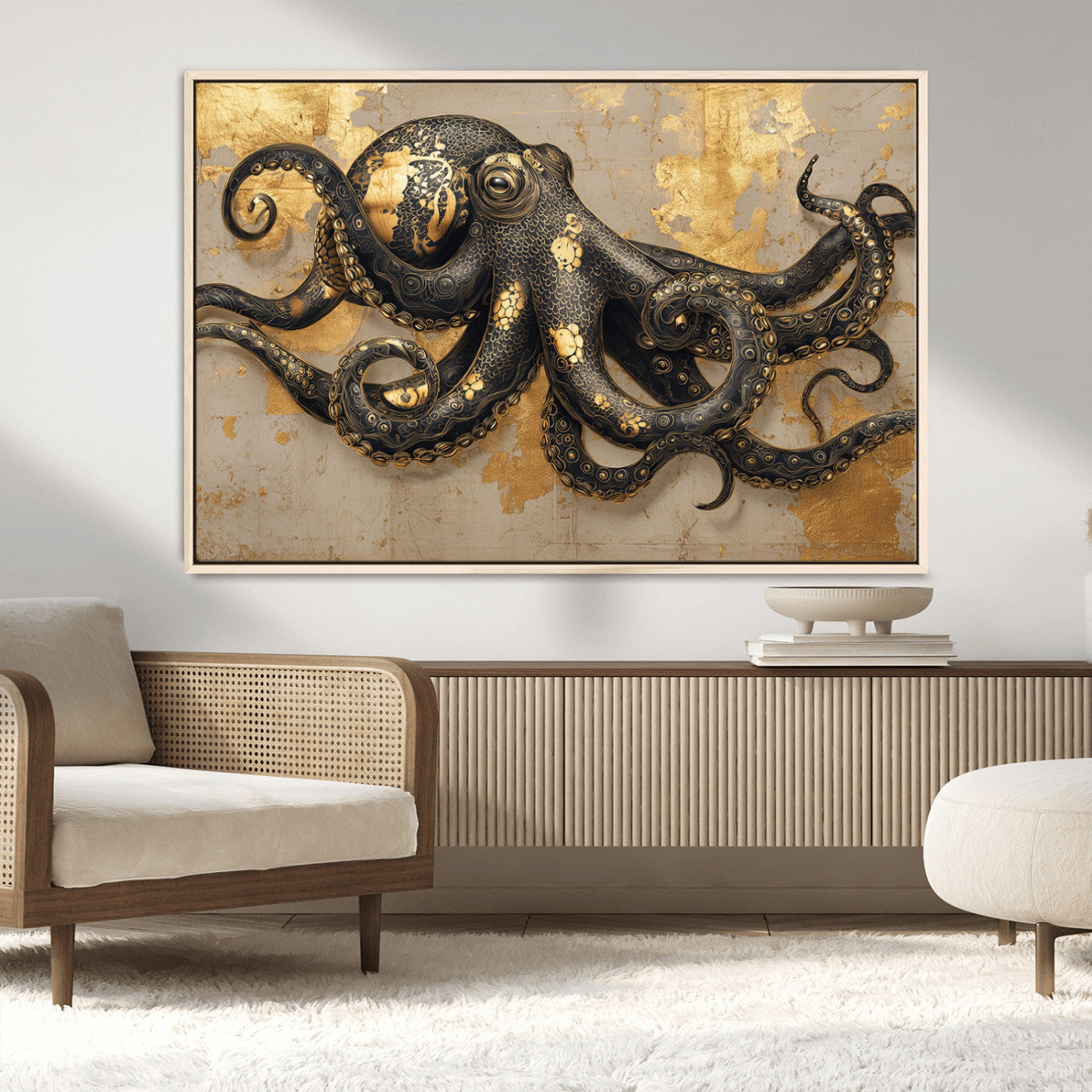 57944271-MGV-CV-36X24-Octopus Wall Art – Black and Gold Nautical Canvas Print, Modern Ocean Inspired Artwork with Elegant Detailing, Coastal Marine