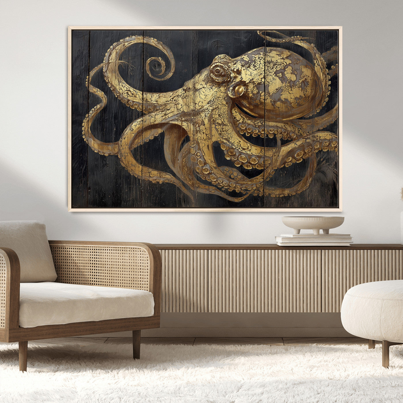 47056538-MGV-CV-36X24-Octopus Wall Art – Gold Nautical Canvas Print with Rustic Wood Texture, Marine Creature Artwork for Coastal Ocean Decoration in