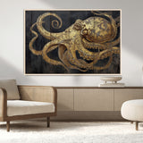 47056538-MGV-CV-36X24-Octopus Wall Art – Gold Nautical Canvas Print with Rustic Wood Texture, Marine Creature Artwork for Coastal Ocean Decoration in