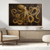 56769669-MGV-CV-36X24-Octopus Wall Art – Gold Nautical Canvas Print with Rustic Wood Panel Design, Detailed Marine Artwork for Coastal Ocean Decoration