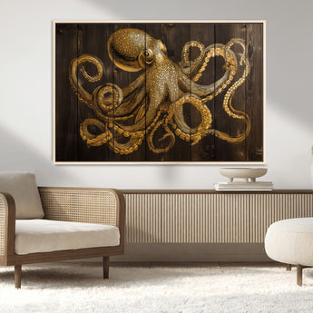 56769669-MGV-CV-36X24-Octopus Wall Art – Gold Nautical Canvas Print with Rustic Wood Panel Design, Detailed Marine Artwork for Coastal Ocean Decoration