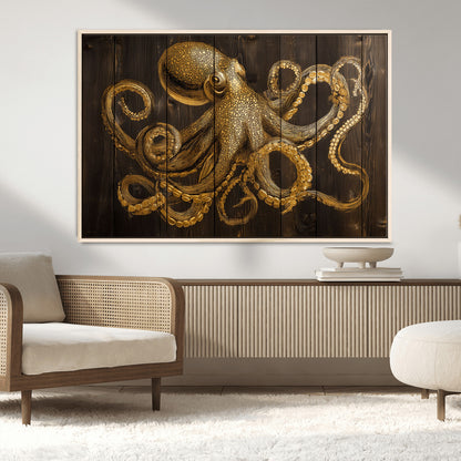 56769669-MGV-CV-36X24-Octopus Wall Art – Gold Nautical Canvas Print with Rustic Wood Panel Design, Detailed Marine Artwork for Coastal Ocean Decoration