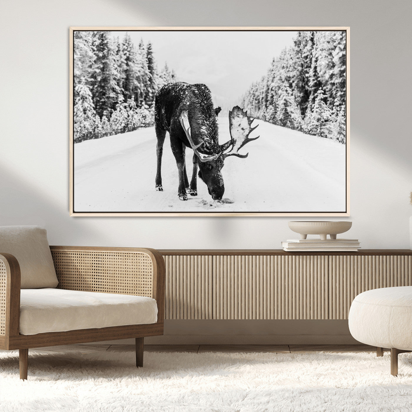 38956835-MGV-CV-36X24-Moose Winter Snowy Forest Canvas Wall Art – Wildlife Nature, Antlers in Frozen Landscape, Quiet Path, Cold Season Outdoors Print