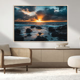 66040852-MGV-CV-36X24-Ocean Sunset Canvas Wall Art – Rocky Shore Waves, Dramatic Clouds, Golden Sun Rays, Coastal Nature, Serene Water Reflection for