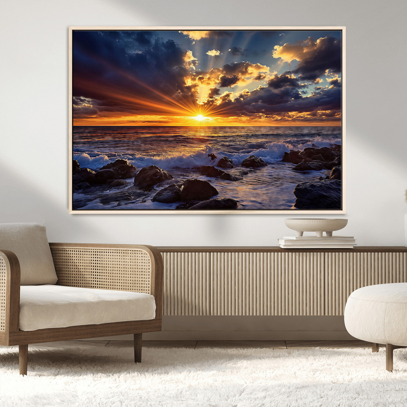 35900590-MGV-CV-36X24-Sunset Ocean Waves Canvas Wall Art – Rocky Shore, Dramatic Sky, Golden Sun Rays, Coastal Beauty, Serene Water Motion for Living