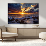 35900590-MGV-CV-36X24-Sunset Ocean Waves Canvas Wall Art – Rocky Shore, Dramatic Sky, Golden Sun Rays, Coastal Beauty, Serene Water Motion for Living