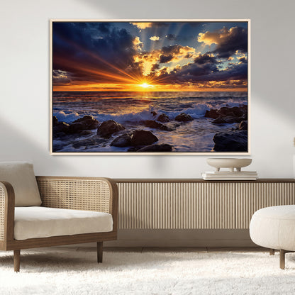 35900590-MGV-CV-36X24-Ocean Sunset Wall Art – Vivid Seascape Canvas Print with Sunburst Sky, Crashing Waves and Rocky Shore, Dramatic Coastal