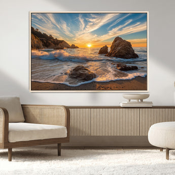 85659923-MGV-FC-36X24_Natural-Ocean Sunset Wall Art – Dramatic Seascape Canvas Print with Cliffs, Crashing Waves and Golden Sky, Bold Coastal Photography for