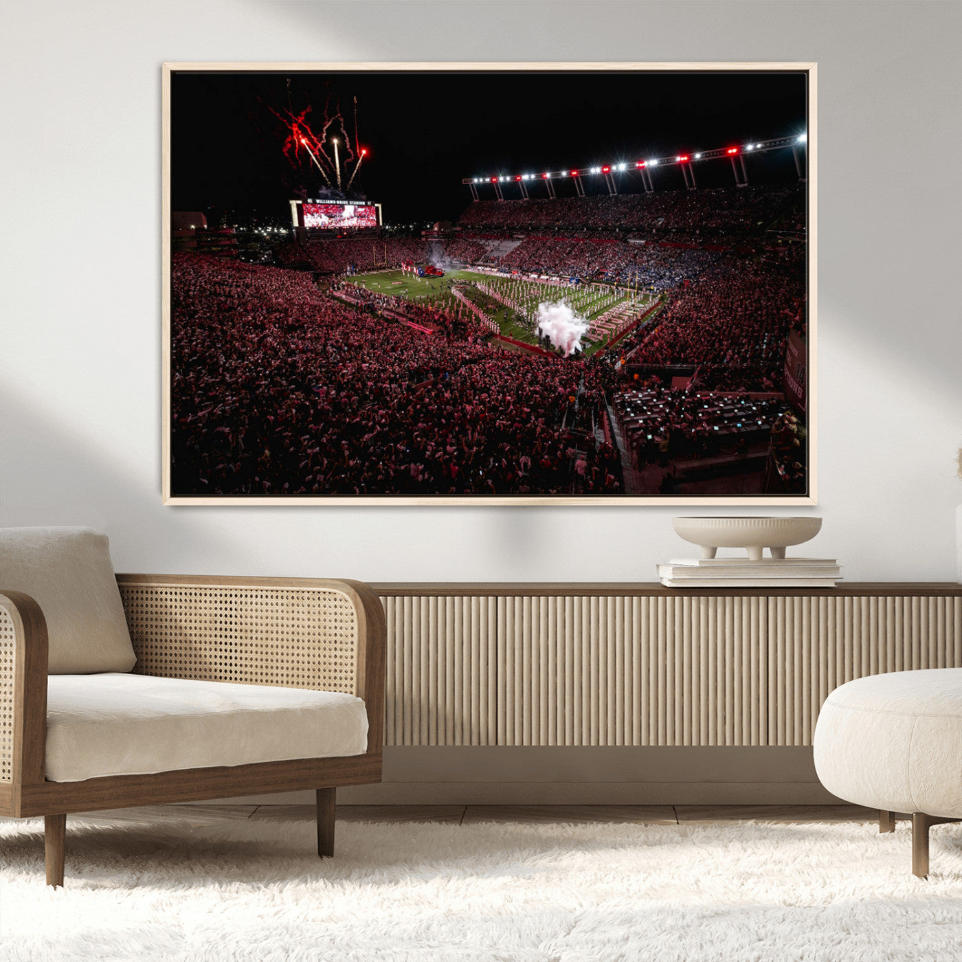 60690191-MGV-CV-36X24-Stadium Wall Art – Night Game Football Canvas Print with Fireworks, Marching Band and Crowd, Panoramic Sports Photography for Man