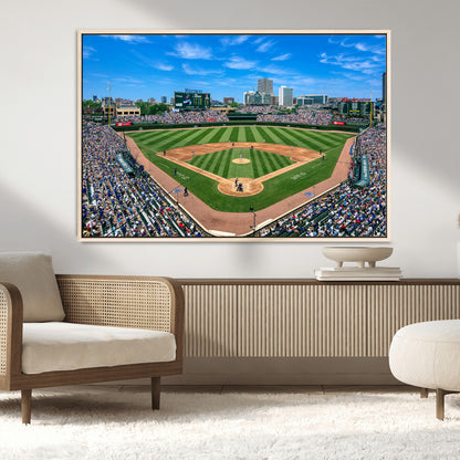 56213978-MGV-CV-36X24-Baseball Stadium Wall Art – Panoramic Ballpark Canvas Print with Fans, Green Field and City Skyline, Classic Sports Photography