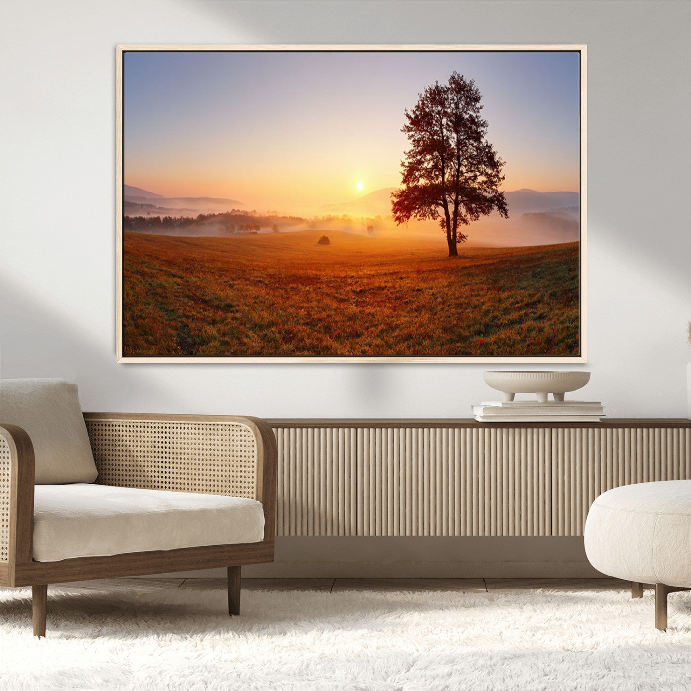57919623-MGV-CV-36X24-Golden Sunrise Landscape Canvas Wall Art - Framed Misty Field Print, Large Nature Canvas for Living Room, Office, or Home Decor