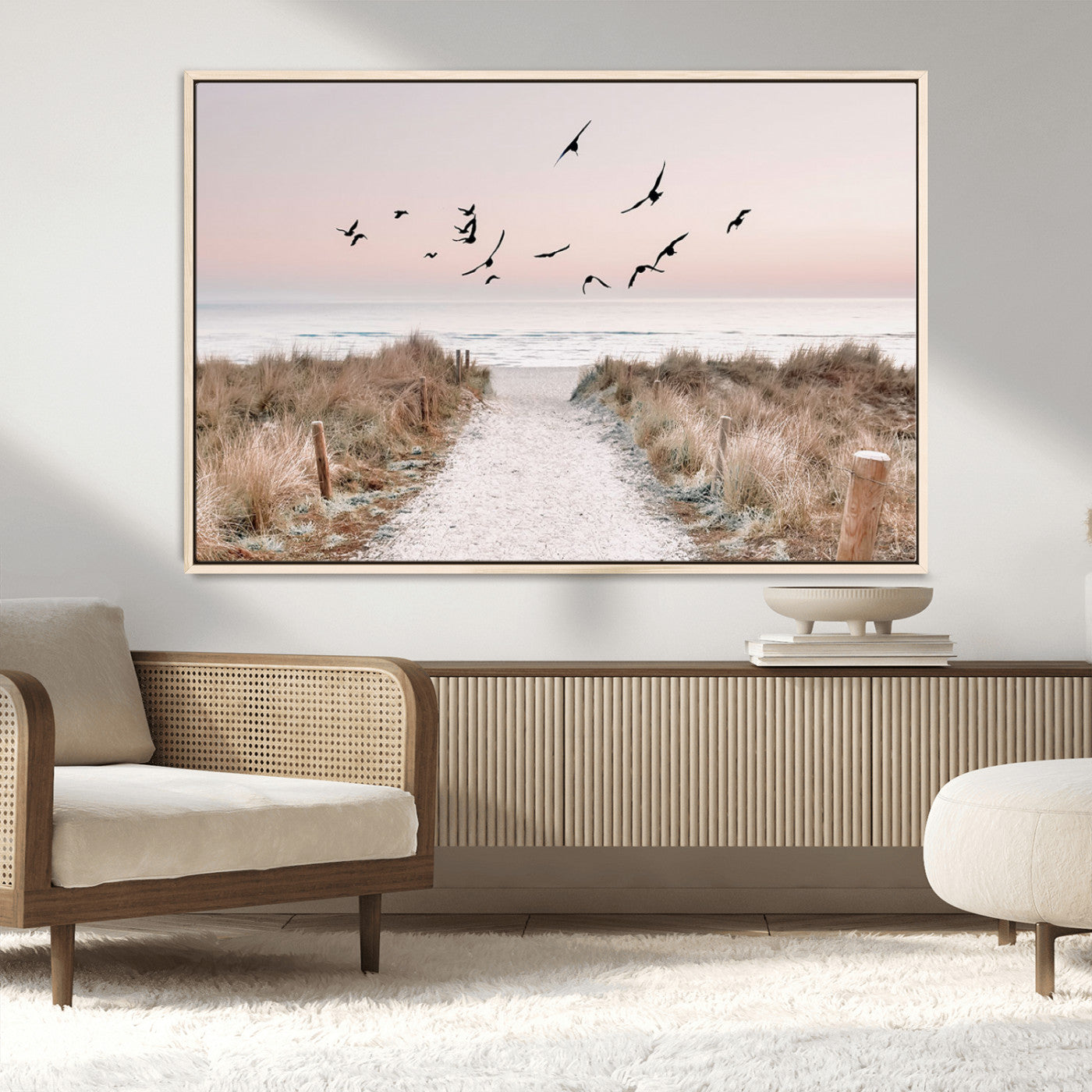 34632598-MGV-CV-36X24-Beach Pathway Wall Art – Coastal Canvas Print with Sandy Trail, Flying Birds and Pastel Sky, Serene Ocean Landscape Photography