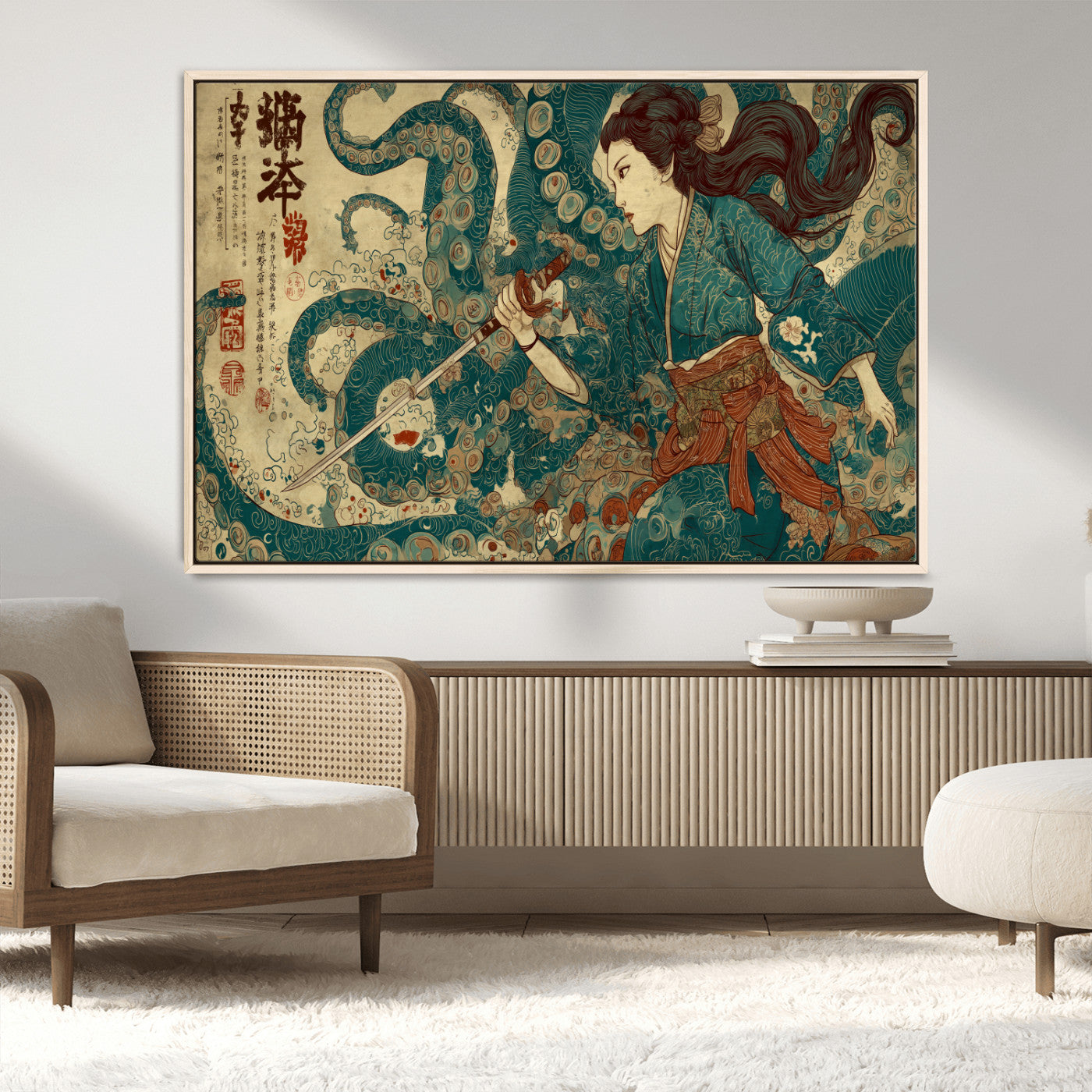46837670-MGV-CV-36X24-Tsukioka Yoshitoshi Samurai Wall Art Print, Japanese Katana Warrior Canvas Wall Art, Octopus Sea Monster Canvas Print,