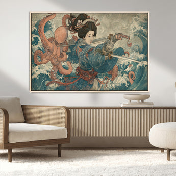 52037775-MGV-CV-36X24-Tsukioka Yoshitoshi Samurai Wall Art Print, Japanese Katana Warrior Canvas Wall Art, Octopus Sea Monster Canvas Print,