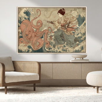 54879547-MGV-CV-36X24-Tsukioka Yoshitoshi Samurai Wall Art Print, Japanese Katana Warrior Canvas Wall Art, Octopus Sea Monster Canvas Print,