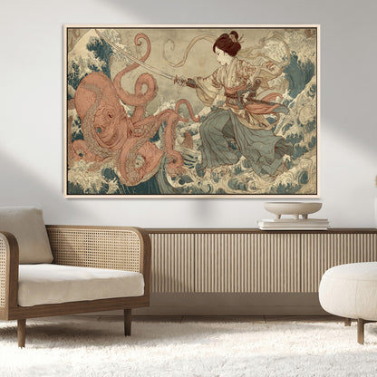 54879547-MGV-CV-36X24-Samurai Woman Wall Art – Japanese Ukiyo-e Style Canvas Print with Katana and Octopus, Traditional Asian Inspired Battle Artwork