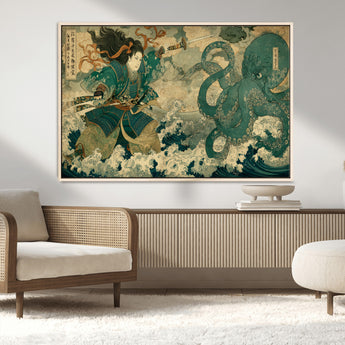 24416422-MGV-CV-36X24-Tsukioka Yoshitoshi Samurai Wall Art Print, Japanese Katana Warrior Canvas Wall Art, Octopus Sea Monster Canvas Print,