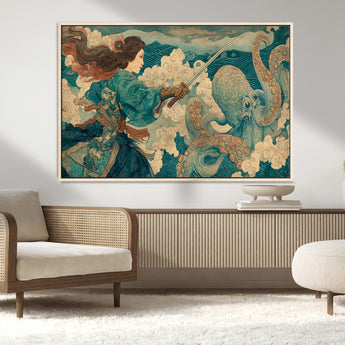 37943964-MGV-FC-36X24_Natural-Samurai Warrior vs Octopus Wall Art – Japanese Ukiyo-e Style Canvas Print, Ocean Battle Scene Artwork for Living Room, Office, Man
