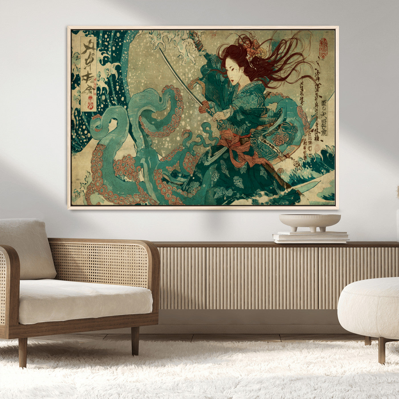 86918027-MGV-CV-36X24-Tsukioka Yoshitoshi Samurai Wall Art Print, Japanese Katana Warrior Canvas Wall Art, Octopus Sea Monster Canvas Print,