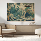 60346622-MGV-FC-36X24_Natural-Samurai Warrior vs Octopus Wall Art – Japanese Ukiyo-e Style Ocean Battle Canvas Print, Traditional Samurai Artwork for Living