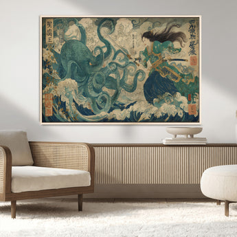 60346622-MGV-FC-36X24_Natural-Samurai Warrior vs Octopus Wall Art – Japanese Ukiyo-e Style Ocean Battle Canvas Print, Traditional Samurai Artwork for Living
