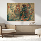 98593115-MGV-CV-36X24-Samurai Warrior vs Octopus Wall Art – Japanese Ukiyo-e Calligraphy Canvas Print, Ocean Battle Scene Artwork for Living Room,