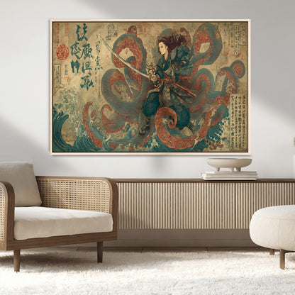 98593115-MGV-CV-36X24-Samurai Warrior vs Octopus Wall Art – Japanese Ukiyo-e Calligraphy Canvas Print, Ocean Battle Scene Artwork for Living Room,