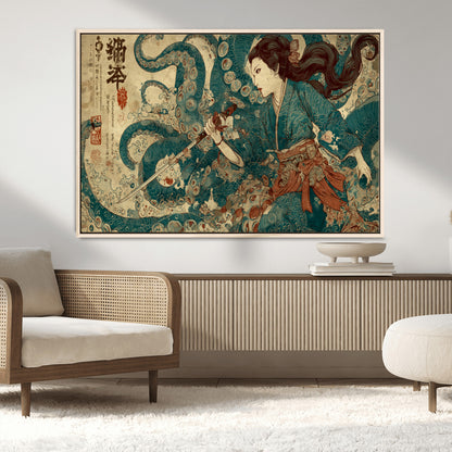 18575670-MGV-CV-36X24-Tsukioka Yoshitoshi Samurai Wall Art Print, Japanese Katana Warrior Canvas Wall Art, Octopus Sea Monster Canvas Print,