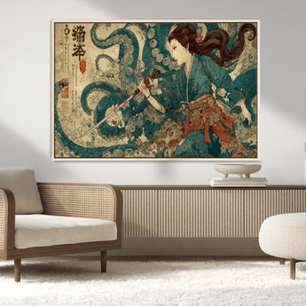 18575670-MGV-FC-36X24_Natural-Samurai Woman vs Octopus Wall Art – Japanese Ukiyo-e Ocean Battle Canvas Print, Traditional Warrior Artwork for Living Room,