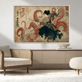 50812504-MGV-CV-36X24-Samurai Woman vs Octopus Wall Art – Japanese Ukiyo-e Red Tentacle Canvas Print, Ocean Battle Artwork for Living Room, Office, Man