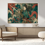 35461724-MGV-FC-36X24_Natural-Samurai Woman vs Octopus Wall Art – Japanese Ukiyo-e Ocean Waves Canvas Print, Red Tentacle Battle Artwork for Living Room,