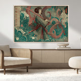 91666601-MGV-CV-36X24-Samurai Woman vs Octopus Wall Art – Japanese Ukiyo-e Green Robe Canvas Print, Ocean Battle Artwork for Living Room, Office, Man