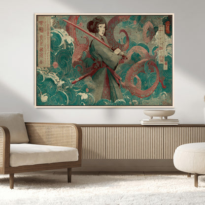 91666601-MGV-CV-36X24-Samurai Woman vs Octopus Wall Art – Japanese Ukiyo-e Green Robe Canvas Print, Ocean Battle Artwork for Living Room, Office, Man