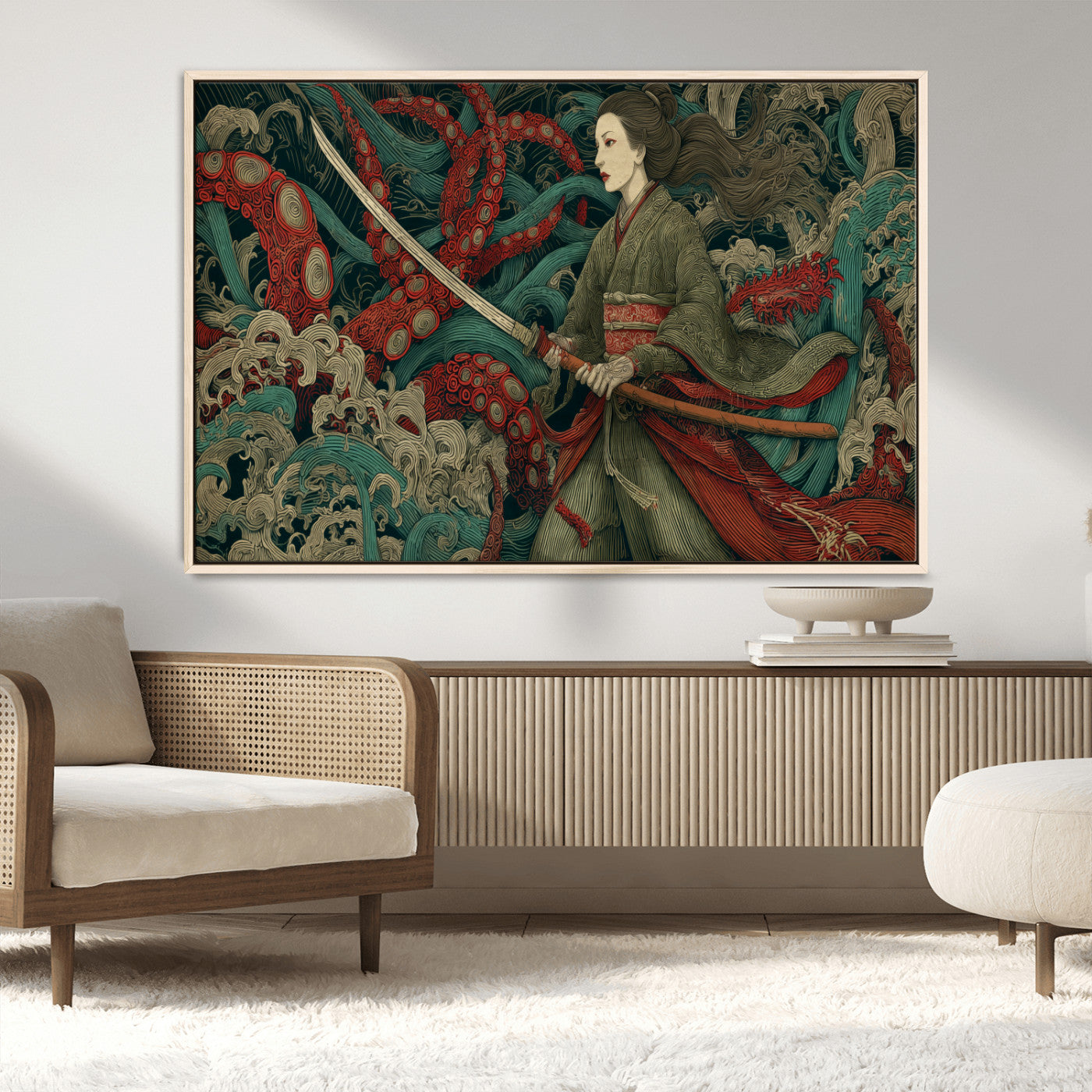 18902796-MGV-CV-36X24-Samurai Woman vs Octopus Wall Art – Japanese Ukiyo-e Green Kimono Canvas Print, Ocean Battle Scene Artwork for Living Room,