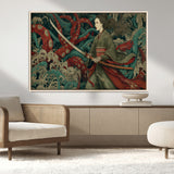 18902796-MGV-CV-36X24-Samurai Woman vs Octopus Wall Art – Japanese Ukiyo-e Green Kimono Canvas Print, Ocean Battle Scene Artwork for Living Room,
