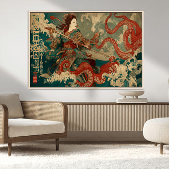 60201267-MGV-FC-36X24_Natural-Samurai Woman vs Octopus Wall Art – Japanese Ukiyo-e Armor Canvas Print, Red Tentacle Ocean Battle Artwork for Living Room,