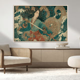 79740258-MGV-FC-36X24_Natural-Samurai Woman vs Octopus Wall Art – Japanese Ukiyo-e Blue Kimono Canvas Print, Ocean Battle Artwork for Living Room, Office, Man