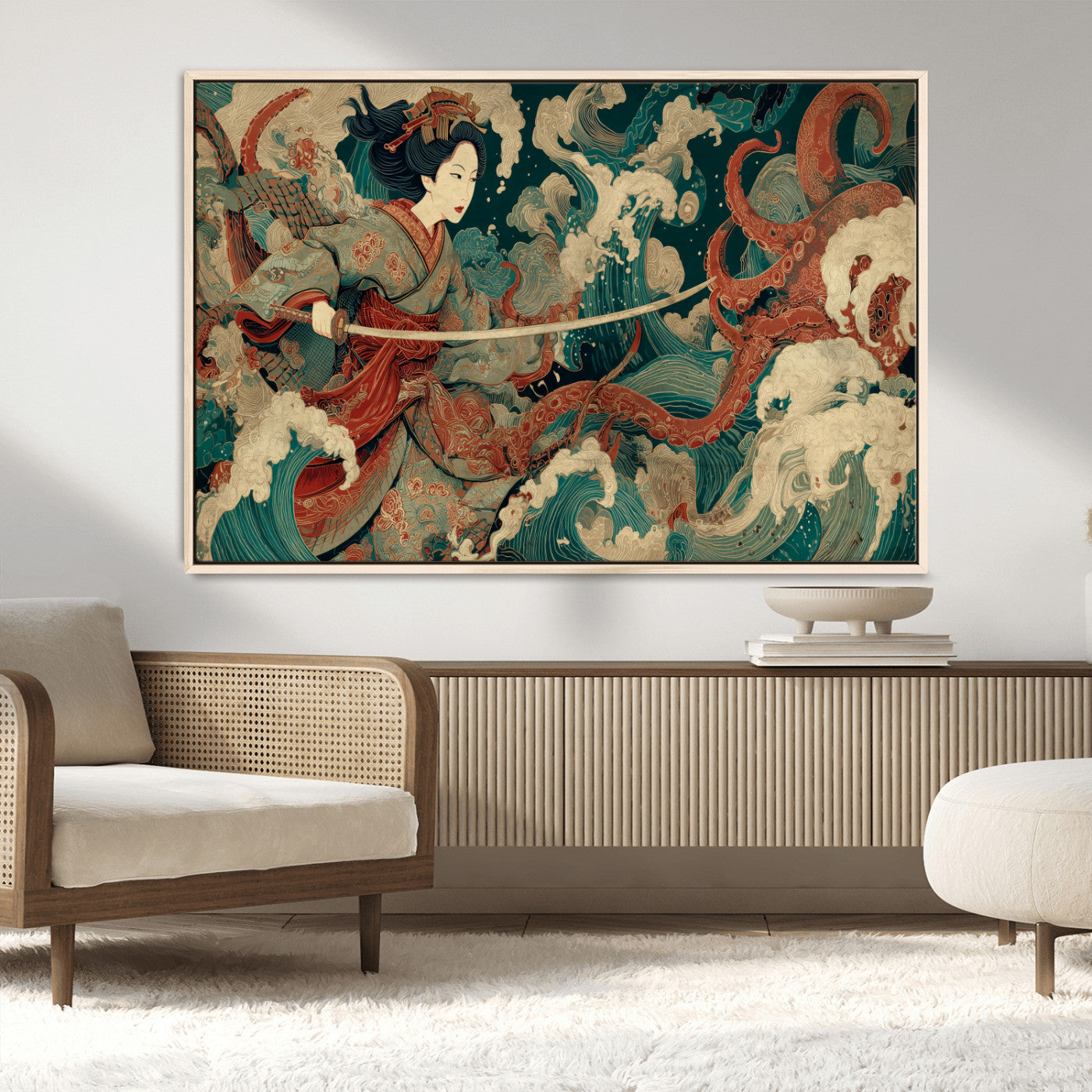 30212982-MGV-CV-36X24-Samurai Woman vs Octopus Wall Art – Japanese Ukiyo-e Style Warrior and Sea Monster Canvas Print, Mythology Inspired Artwork for