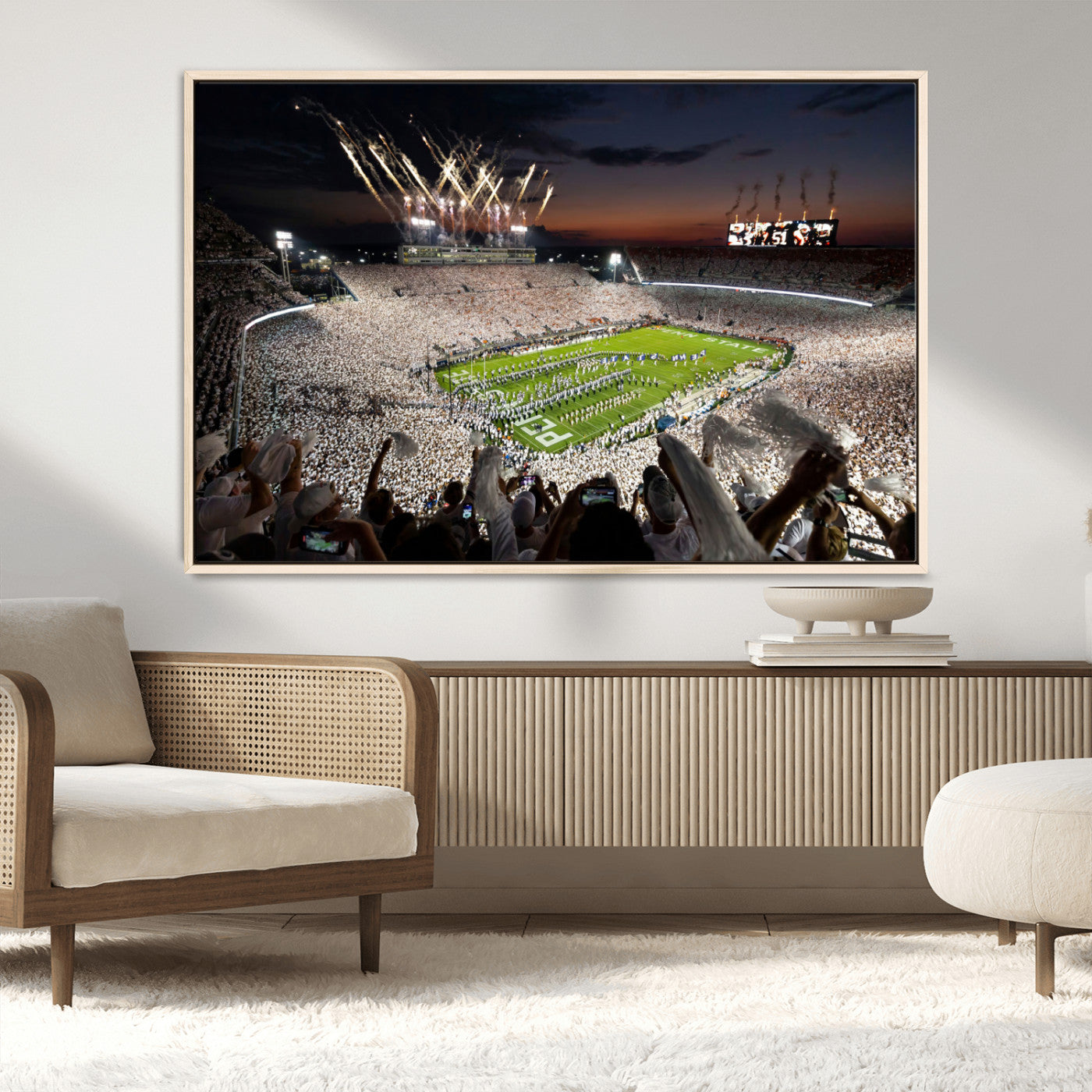 Penn-MGV-CV-36X24-Football Stadium Wall Art – Panoramic Night Game Canvas Print, Packed Crowd with Fireworks, Sports Decor for Office, Man Cave, Bar