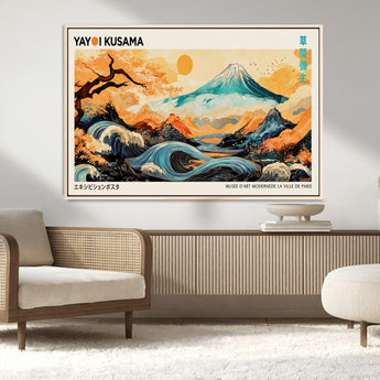 94085549-MGV-CV-36X24-Yayoi Kusama Inspired Japanese Landscape Art Print – Vibrant Mount Fuji, Waves & Autumn Trees, Modern Decorative Poster for